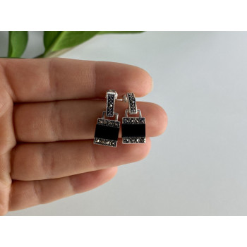 925 STERLING SILVER BLACK NEPHRITE & MARCASITES EARRINGS