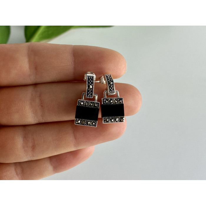 925 STERLING SILVER BLACK NEPHRITE & MARCASITES EARRINGS