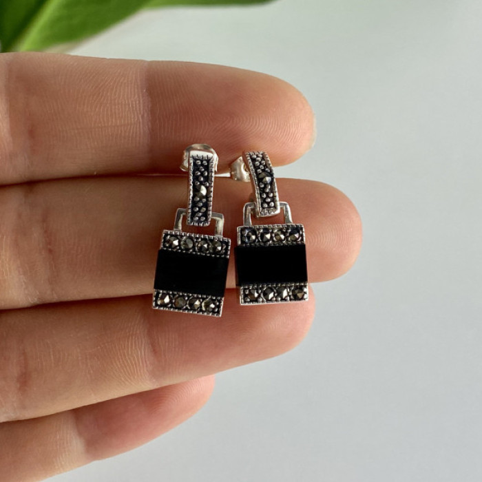 925 Sterling Silver Black Nephrite & Marcasites Earrings