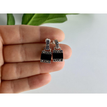925 STERLING SILVER BLACK NEPHRITE & MARCASITES EARRINGS
