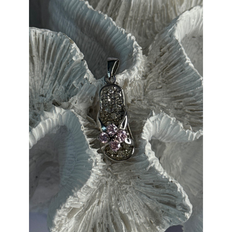 Ws 925 Sterling Silver Flip Flop Sandal Pink & White CZ Pendant Length 1.30 Inch