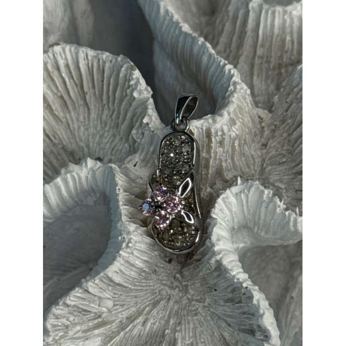 Ws 925 Sterling Silver Flip Flop Sandal Pink & White CZ Pendant Length 1.30 Inch