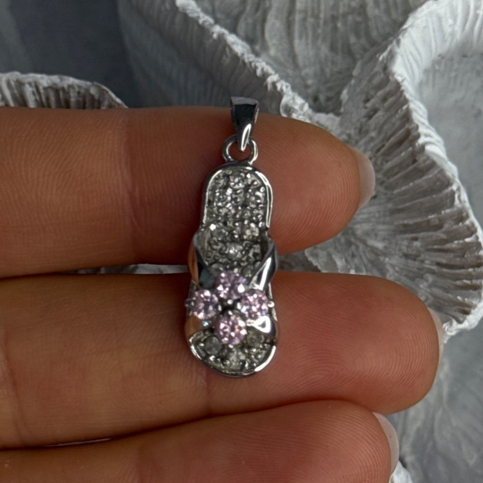 Ws 925 Sterling Silver Flip Flop Sandal Pink & White CZ Pendant Length 1.30 Inch