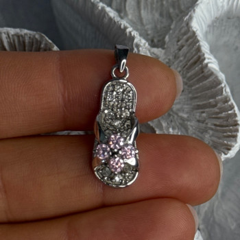 Ws 925 Sterling Silver Flip Flop Sandal Pink & White CZ Pendant Length 1.30 Inch