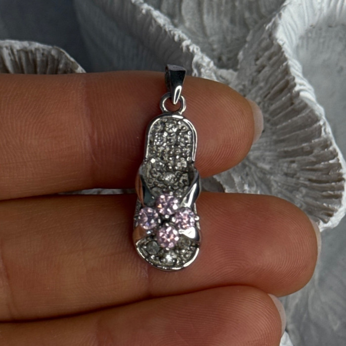 Ws 925 Sterling Silver Flip Flop Sandal Pink & White CZ Pendant Length 1.30 Inch