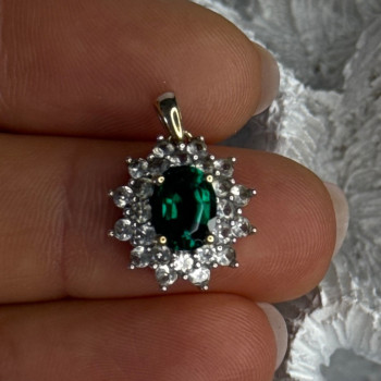 925 Sterling Silver Gold Plated Emerald & Beryl Pendant Length 0.80 Inch