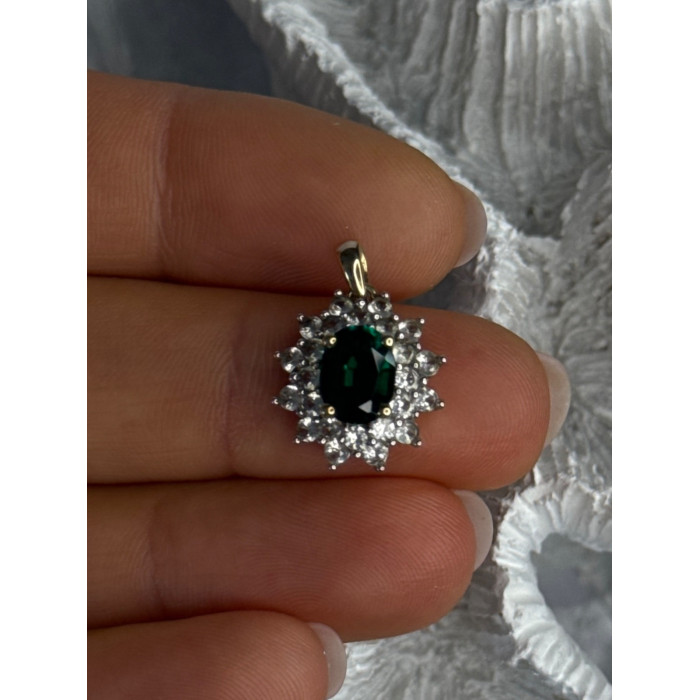 925 Sterling Silver Gold Plated Emerald & Beryl Pendant Length 0.80 Inch