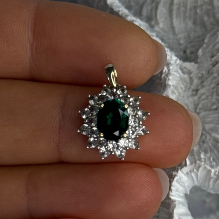 925 Sterling Silver Gold Plated Emerald & Beryl Pendant Length 0.80 Inch