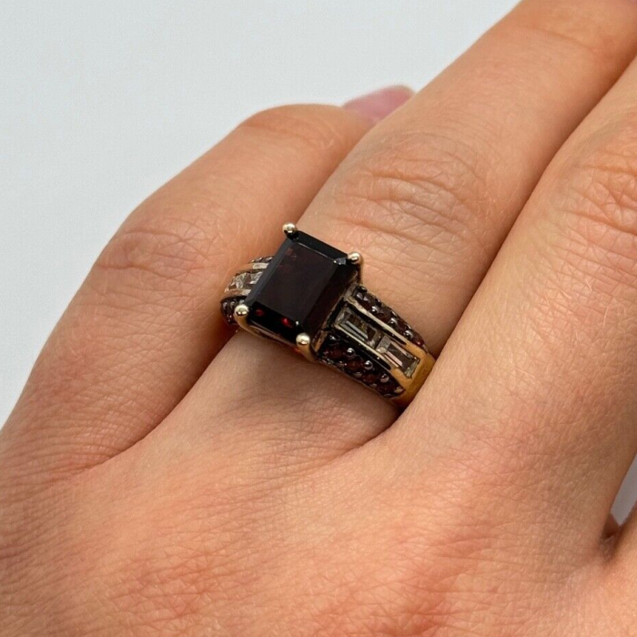 925 Sterling Silver Gold Plated Garnet & Goshenite Ring Size 6