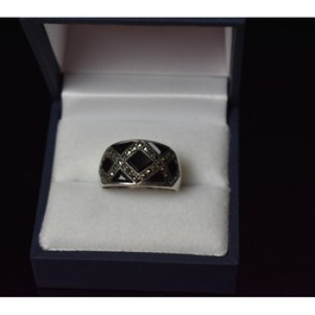 925 Sterling Silver Black Nephrite & Marcasites Ring Size 8
