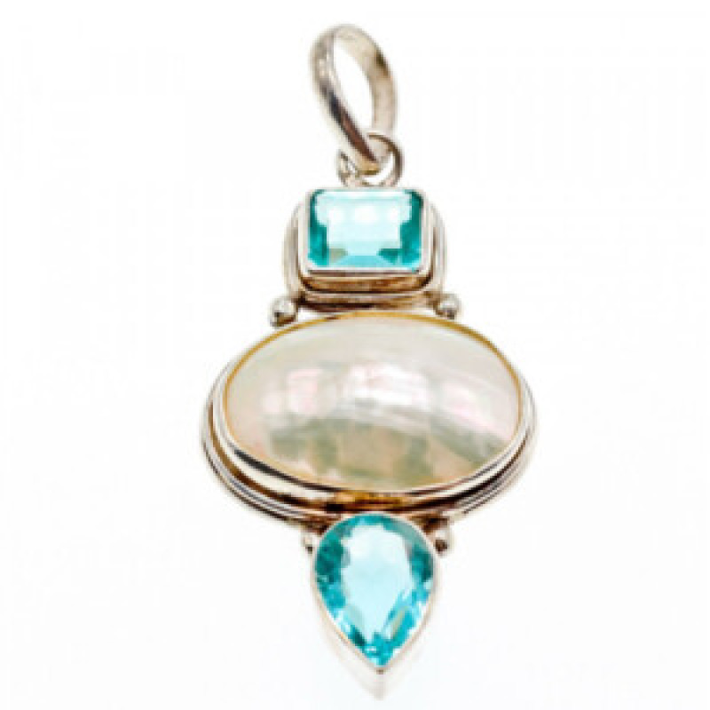 925 Sterling Silver Mother OF Pearl & Topaz Pendant