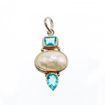925 Sterling Silver Mother OF Pearl & Topaz Pendant