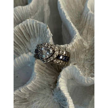 925 Sterling Silver Beryl & Sapphire Heart Ring Size 6