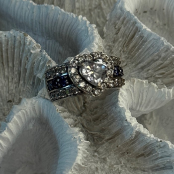 925 Sterling Silver Beryl & Sapphire Heart Ring Size 6