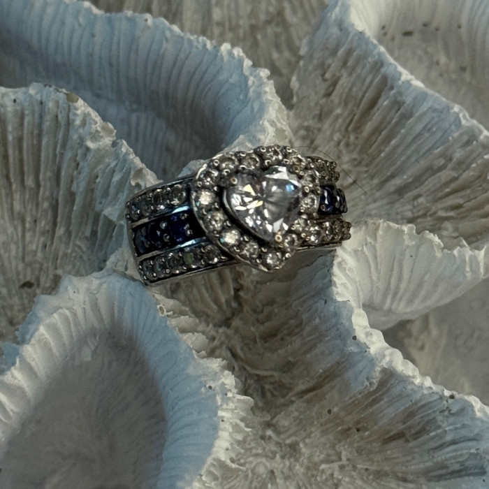 925 Sterling Silver Beryl & Sapphire Heart Ring Size 6