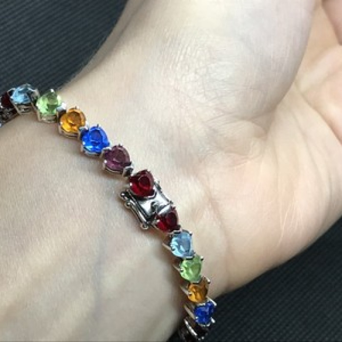 925 Sterling Silver Multicolor CZ Bracelet 7 In