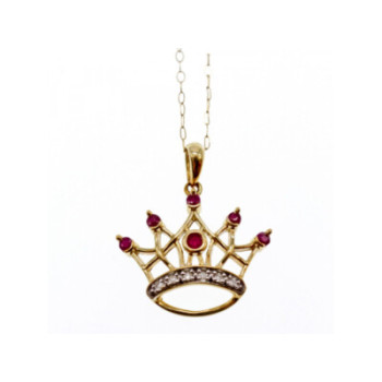 10K YELLOW GOLD RUBIES & DIAMONDS CROWN CHAIN WITH PENDANT