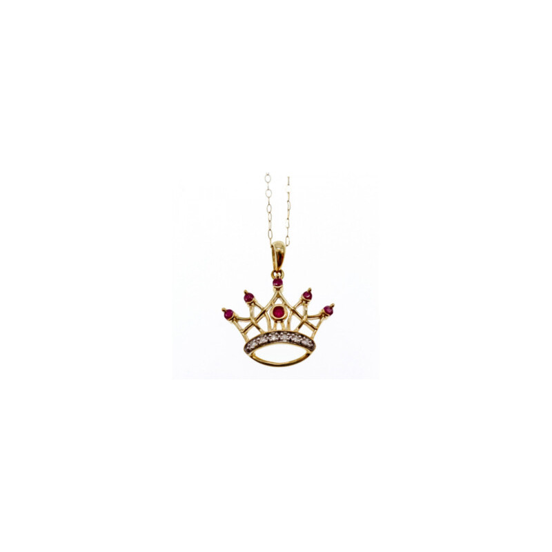10K YELLOW GOLD RUBIES & DIAMONDS CROWN CHAIN WITH PENDANT