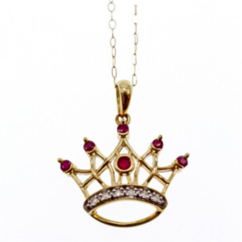 10K Yellow Gold Rubies & Diamonds Crown Chain With Pendant