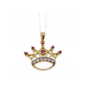 10K YELLOW GOLD RUBIES & DIAMONDS CROWN CHAIN WITH PENDANT