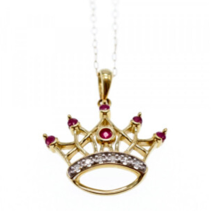 10K Yellow Gold Rubies & Diamonds Crown Chain With Pendant