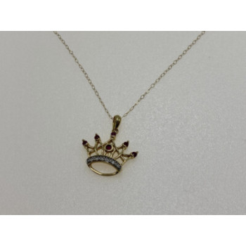 10K YELLOW GOLD RUBIES & DIAMONDS CROWN CHAIN WITH PENDANT
