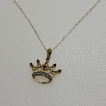 10K Yellow Gold Rubies & Diamonds Crown Chain With Pendant