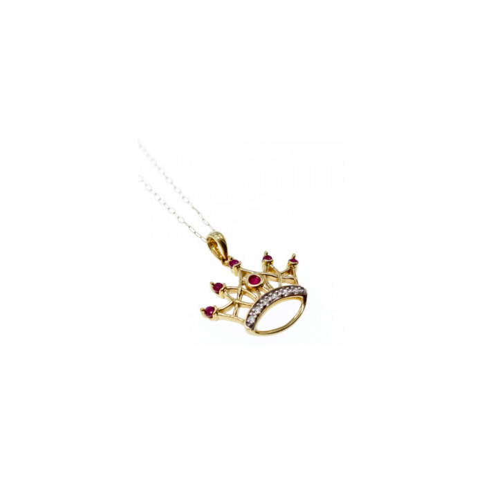 10K YELLOW GOLD RUBIES & DIAMONDS CROWN CHAIN WITH PENDANT