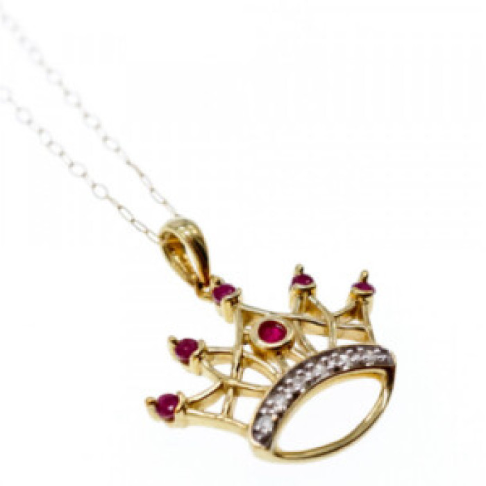 10K Yellow Gold Rubies & Diamonds Crown Chain With Pendant