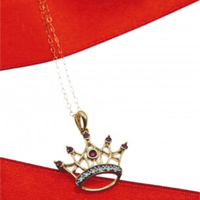 10K Yellow Gold Rubies & Diamonds Crown Chain With Pendant