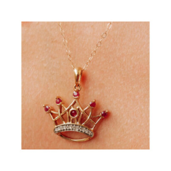 10K YELLOW GOLD RUBIES & DIAMONDS CROWN CHAIN WITH PENDANT