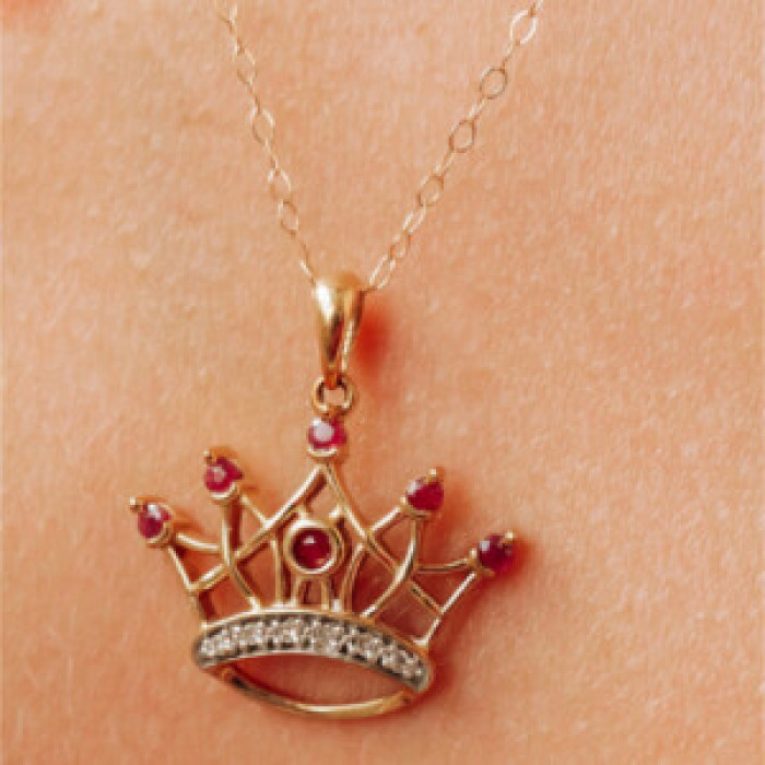 10K Yellow Gold Rubies & Diamonds Crown Chain With Pendant