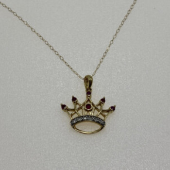 10K Yellow Gold Rubies & Diamonds Crown Chain With Pendant