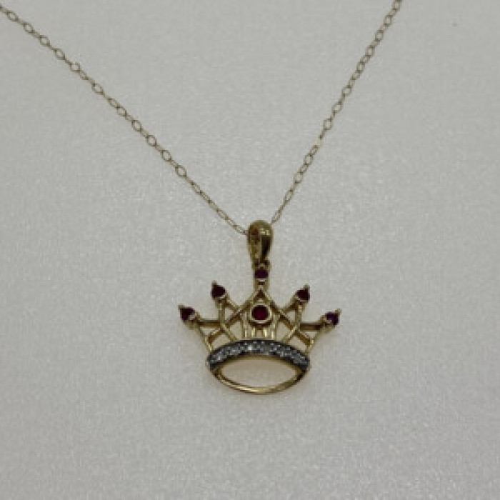 10K Yellow Gold Rubies & Diamonds Crown Chain With Pendant