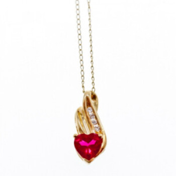 10K Yellow Gold Ruby & Diamonds Heart Chain With Pendant