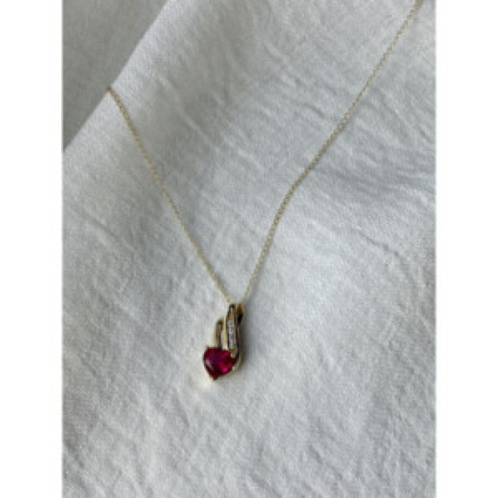 10K Yellow Gold Ruby & Diamonds Heart Chain With Pendant