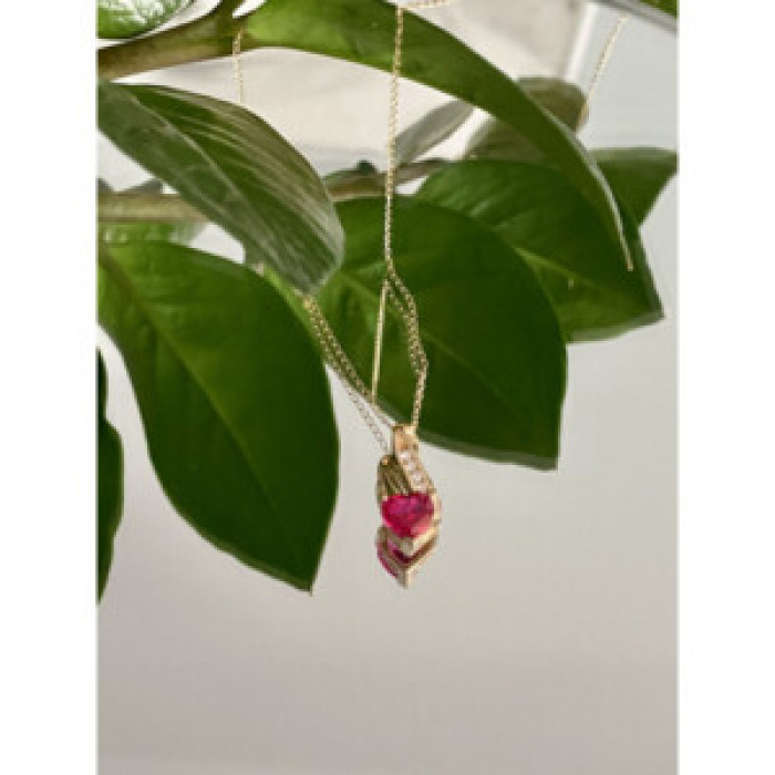 10K Yellow Gold Ruby & Diamonds Heart Chain With Pendant