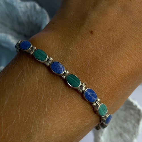 925 Sterling Silver Malachite & Sodalite Bracelet Length 7