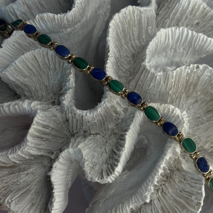 925 Sterling Silver Malachite & Sodalite Bracelet Length 7