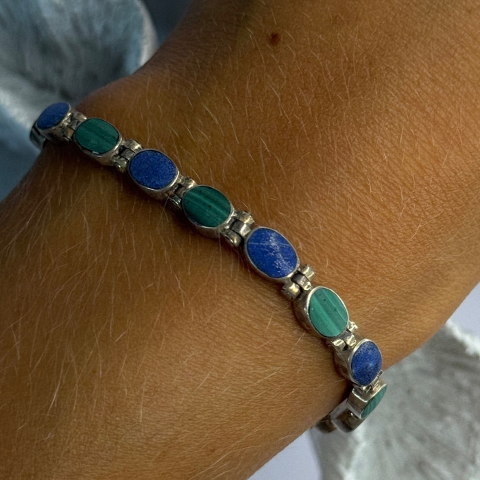 925 Sterling Silver Malachite & Sodalite Bracelet Length 7