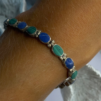 925 Sterling Silver Malachite & Sodalite Bracelet Length 7