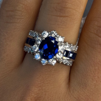 925 Sterling Silver Sapphire & Beryl Flower Ring Size 7.5