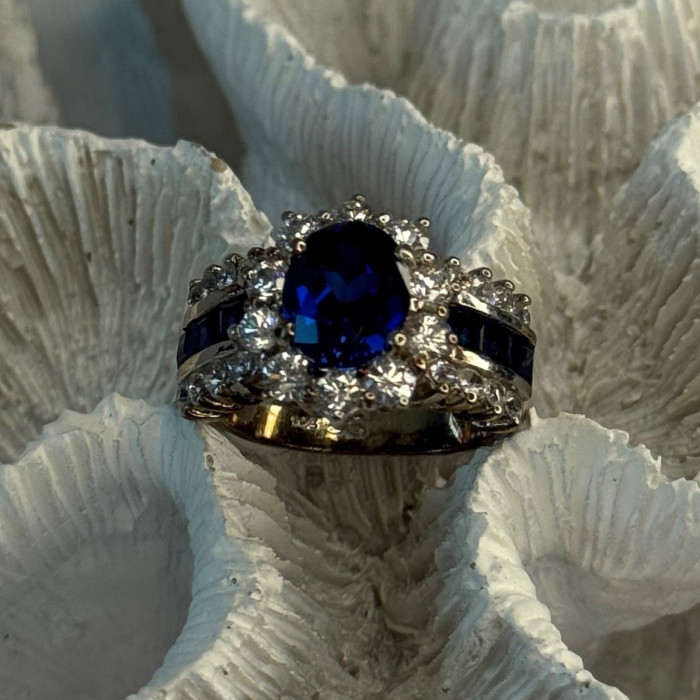 925 Sterling Silver Sapphire & Beryl Flower Ring Size 7.5