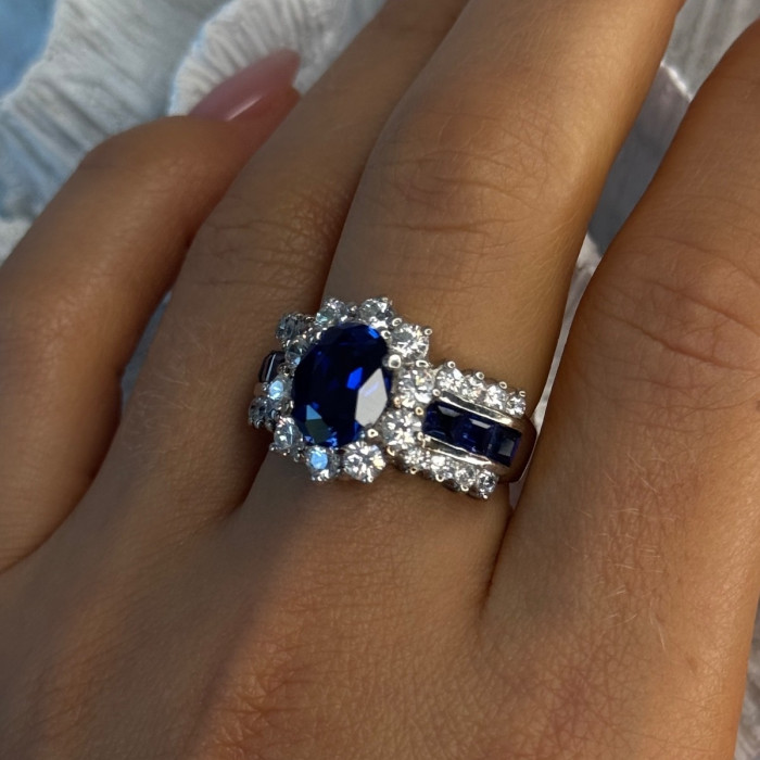 925 Sterling Silver Sapphire & Beryl Flower Ring Size 7.5
