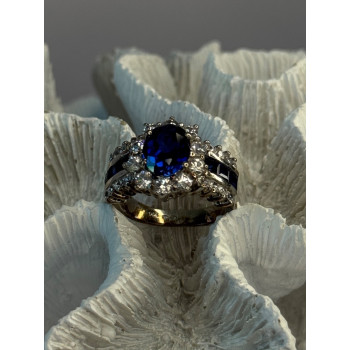 925 Sterling Silver Sapphire & Beryl Flower Ring Size 7.5