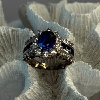 925 Sterling Silver Sapphire & Beryl Flower Ring Size 7.5