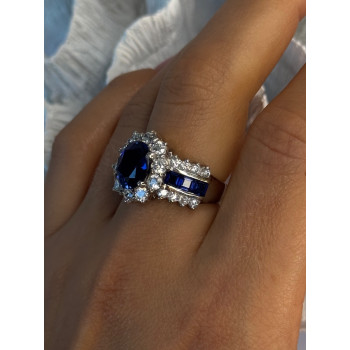 925 Sterling Silver Sapphire & Beryl Flower Ring Size 7.5