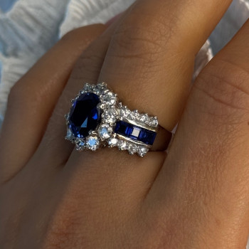 925 Sterling Silver Sapphire & Beryl Flower Ring Size 7.5