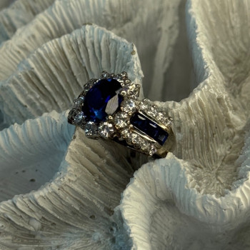 925 Sterling Silver Sapphire & Beryl Flower Ring Size 7.5