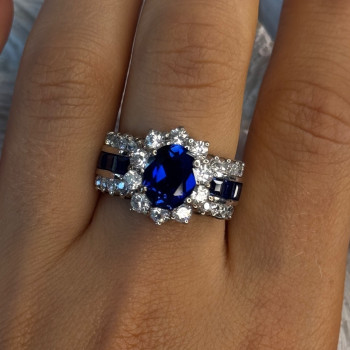925 Sterling Silver Sapphire & Beryl Flower Ring Size 7.5